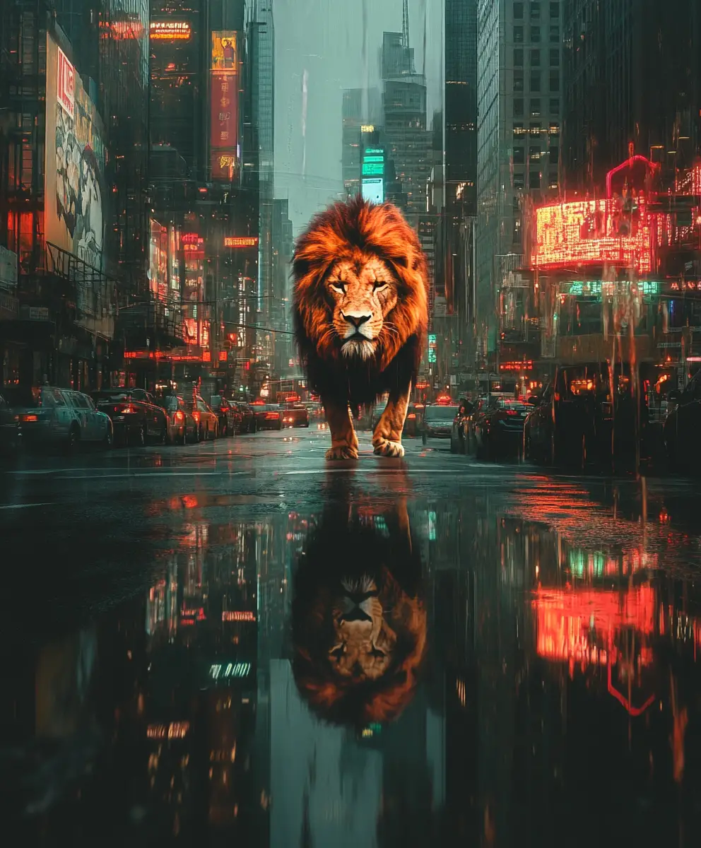 黃昏中雄偉獅子的超現實城市景觀
