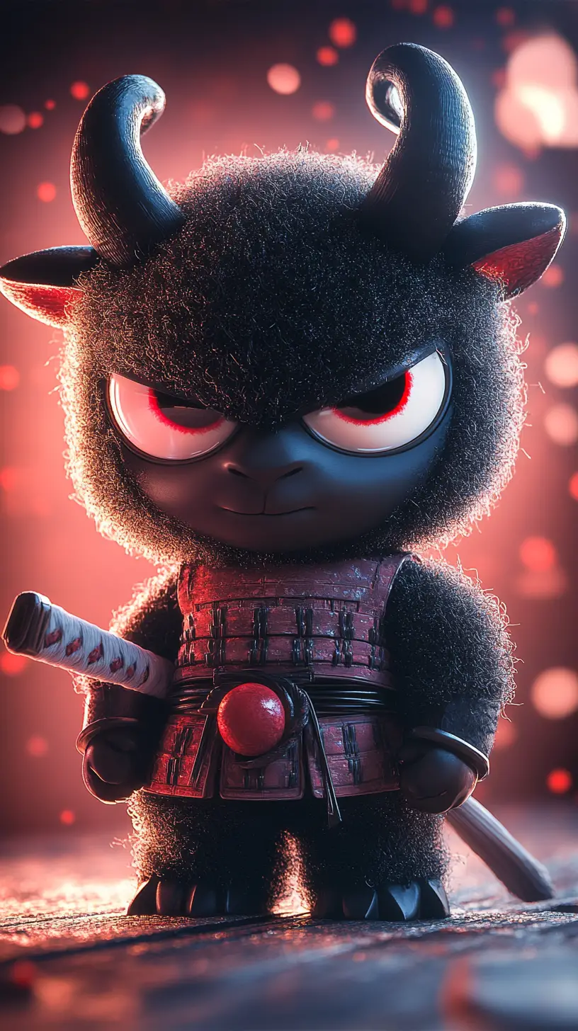 Pecora samurai nera arrabbiata in carino stile chibi alla Pixar