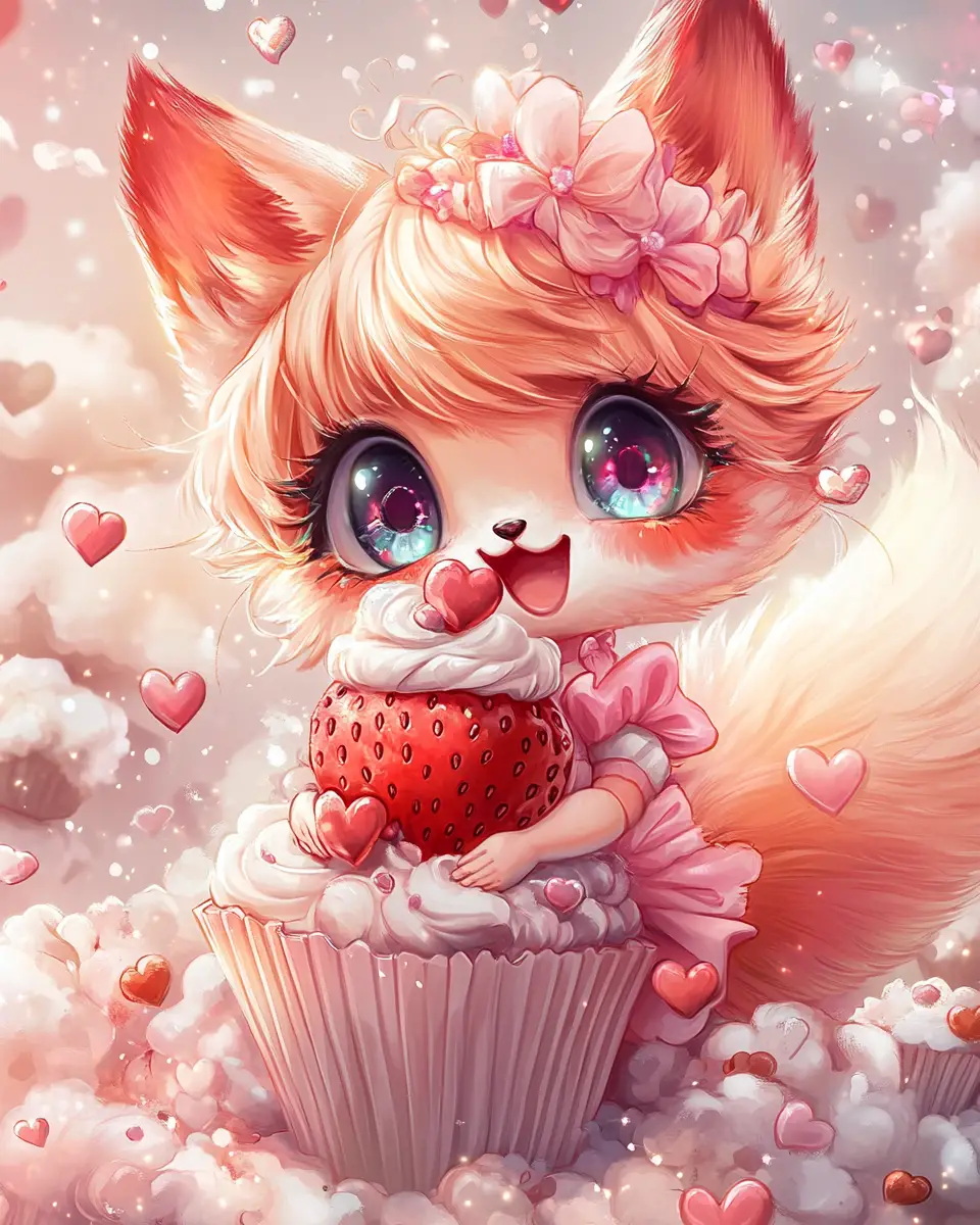 Chibi-Fuchsmädchen, das einen Erdbeer-Cupcake umarmt