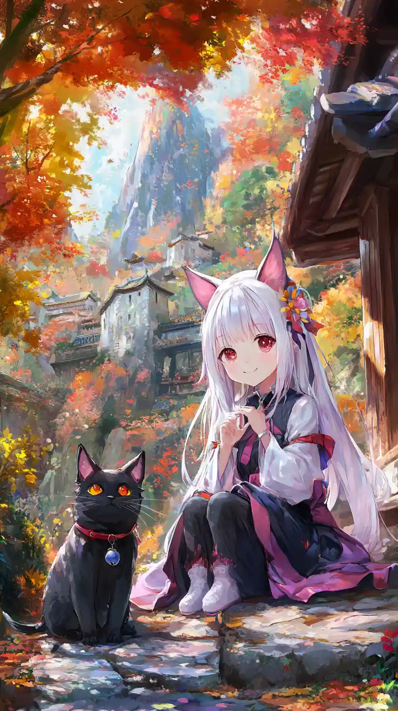 Drache und Anime-Mädchen in einem Herbstwald