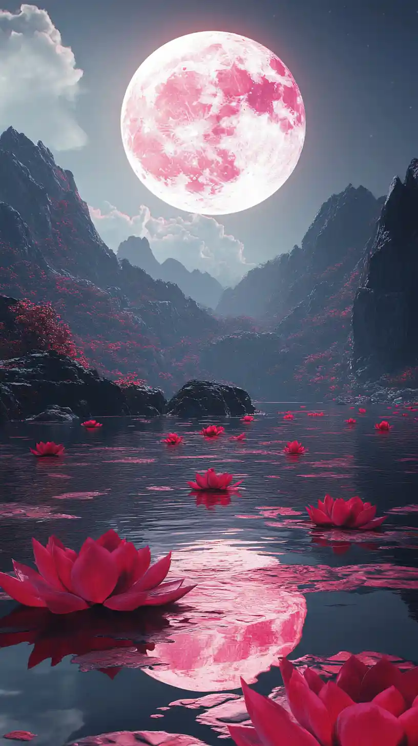 Fantastischer roter Mond über leuchtendem Lotus-Bergsee