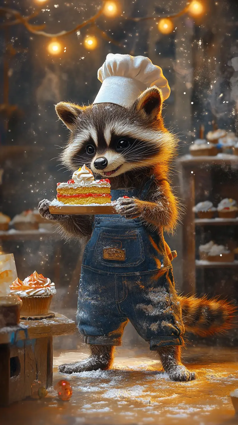 小さなカラフルなケーキをデコレーションするかわいい赤ちゃんアライグマのシェフ