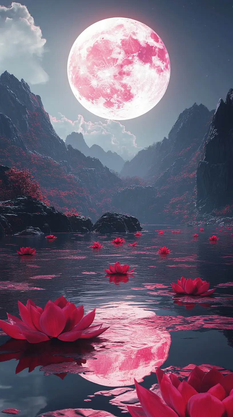 幻想紅月照耀發光蓮花山湖