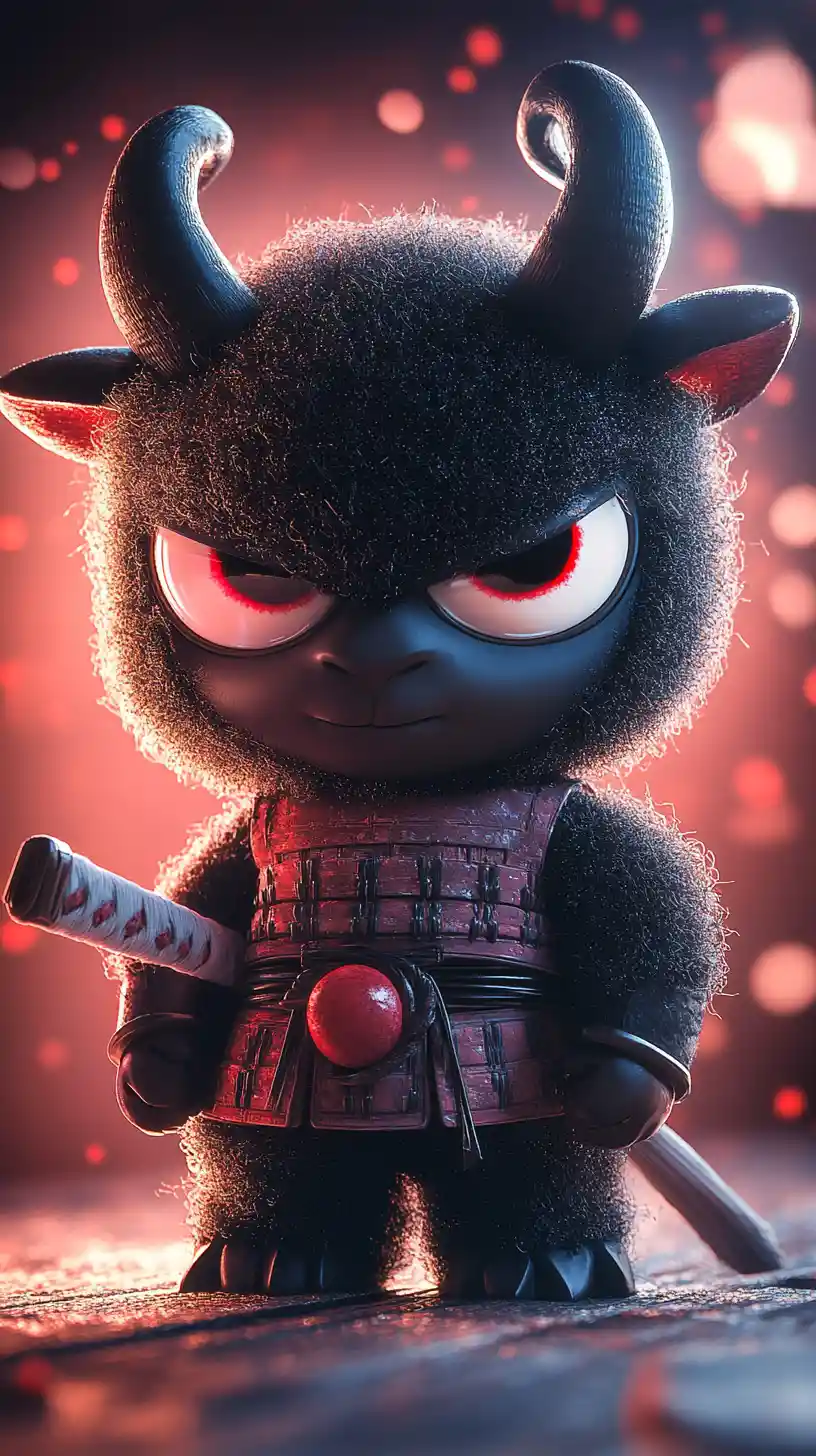 Pecora samurai nera arrabbiata in carino stile chibi alla Pixar