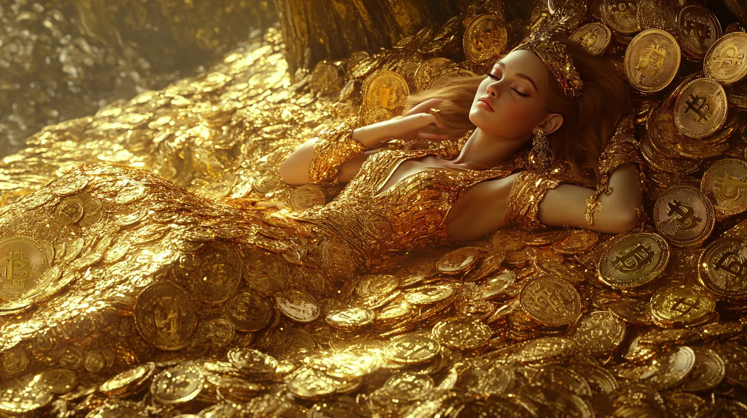 Fantasy-Bitcoin-Prinzessin ruht auf einem goldenen Thron voller Schätze