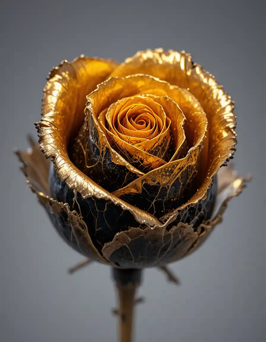 Primo piano pop art di un bocciolo di rosa a spirale nero e oro