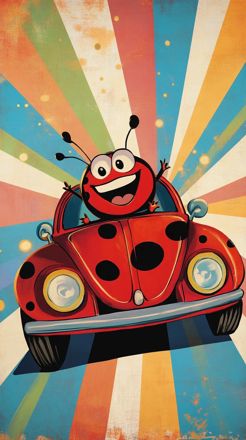Carro joaninha vermelho fofo em desenho animado curtindo um passeio ensolarado