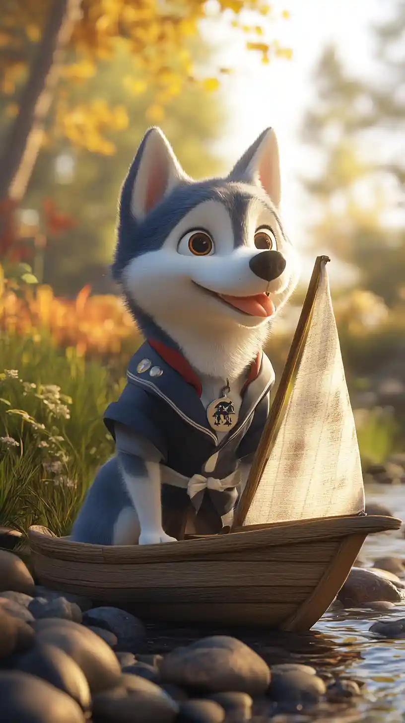Young husky in sailor uniform by a quiet stream