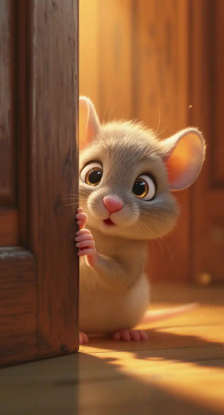 Curious baby mouse peeking through an old wooden door