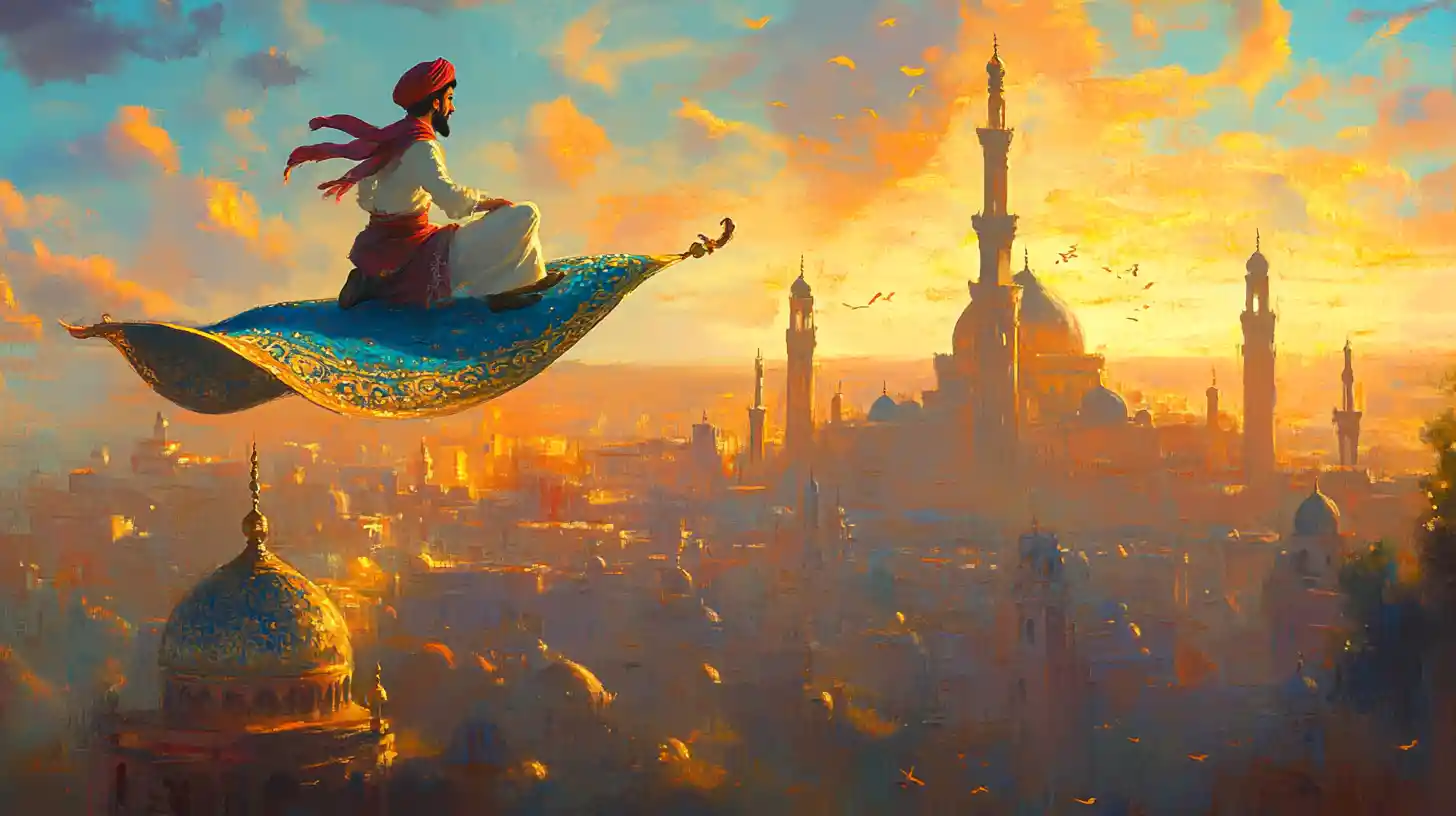 Joven volando en una alfombra mágica sobre la ciudad al atardecer