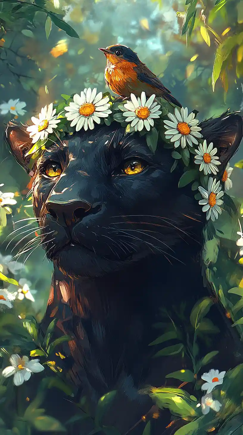 Schwarzer Panther mit Gänseblümchenkranz in fröhlicher Waldszene