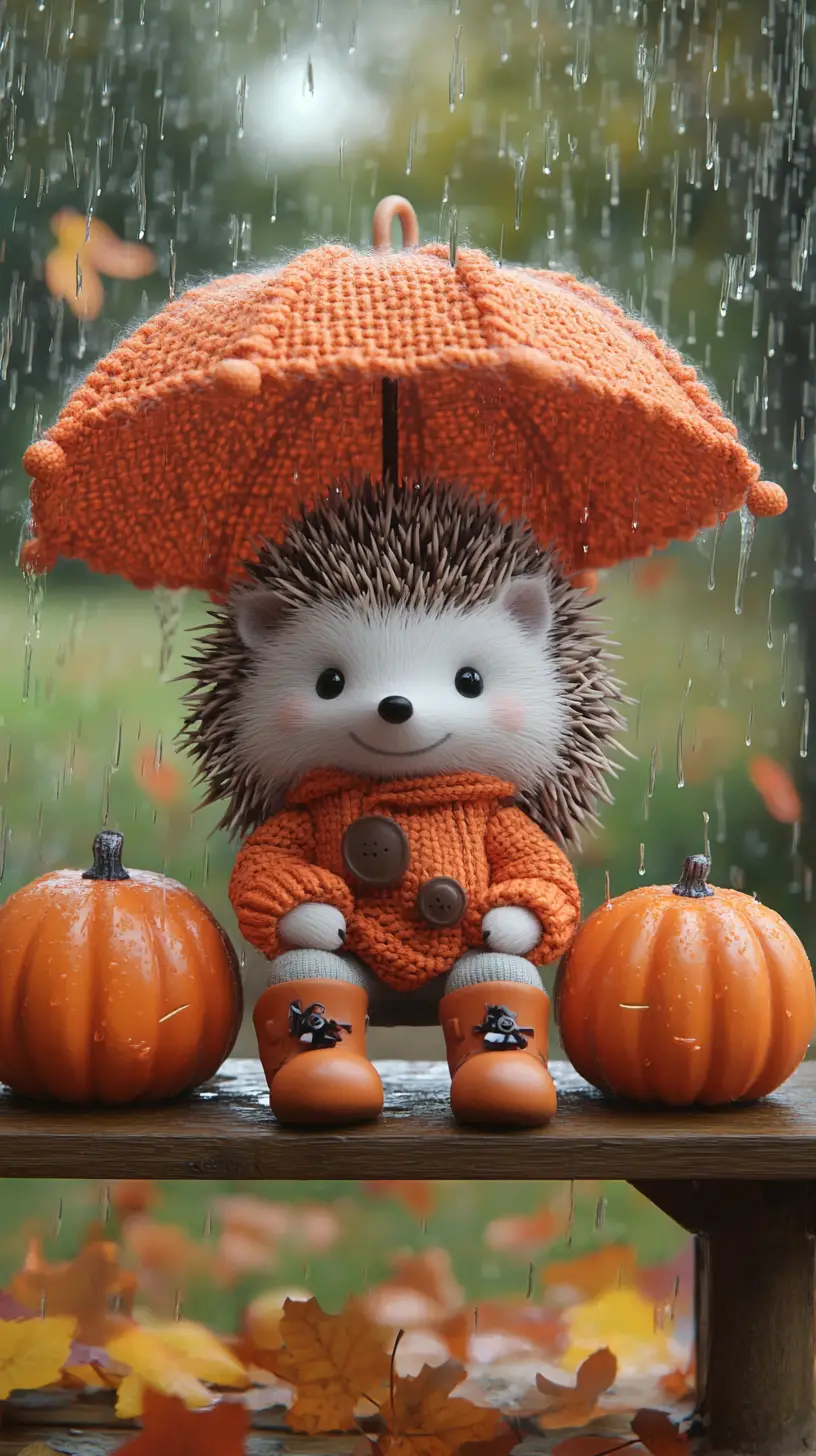 Niedlicher Igel auf einer Parkbank im herbstlichen Regen