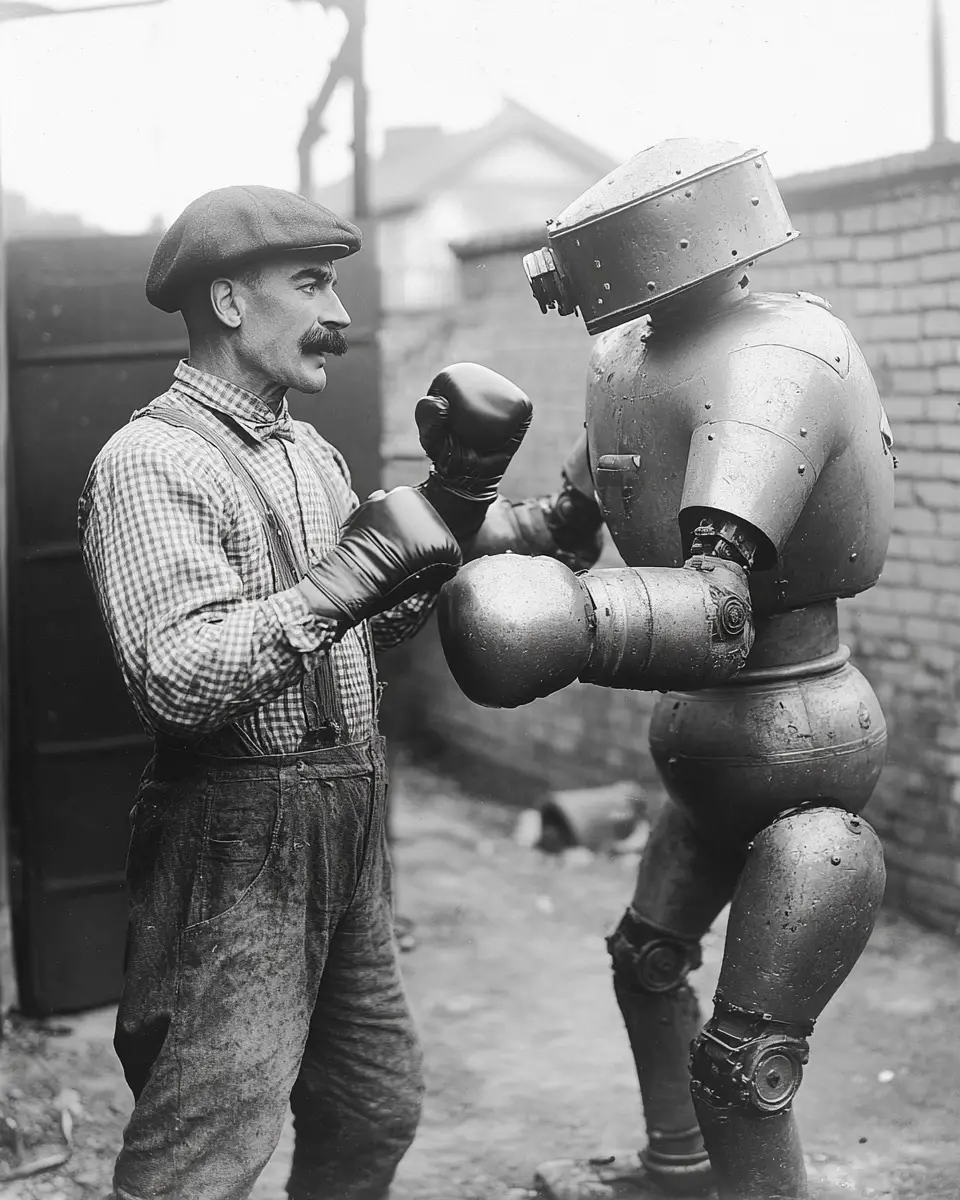 Vintage boxing match between man and robot in backyard