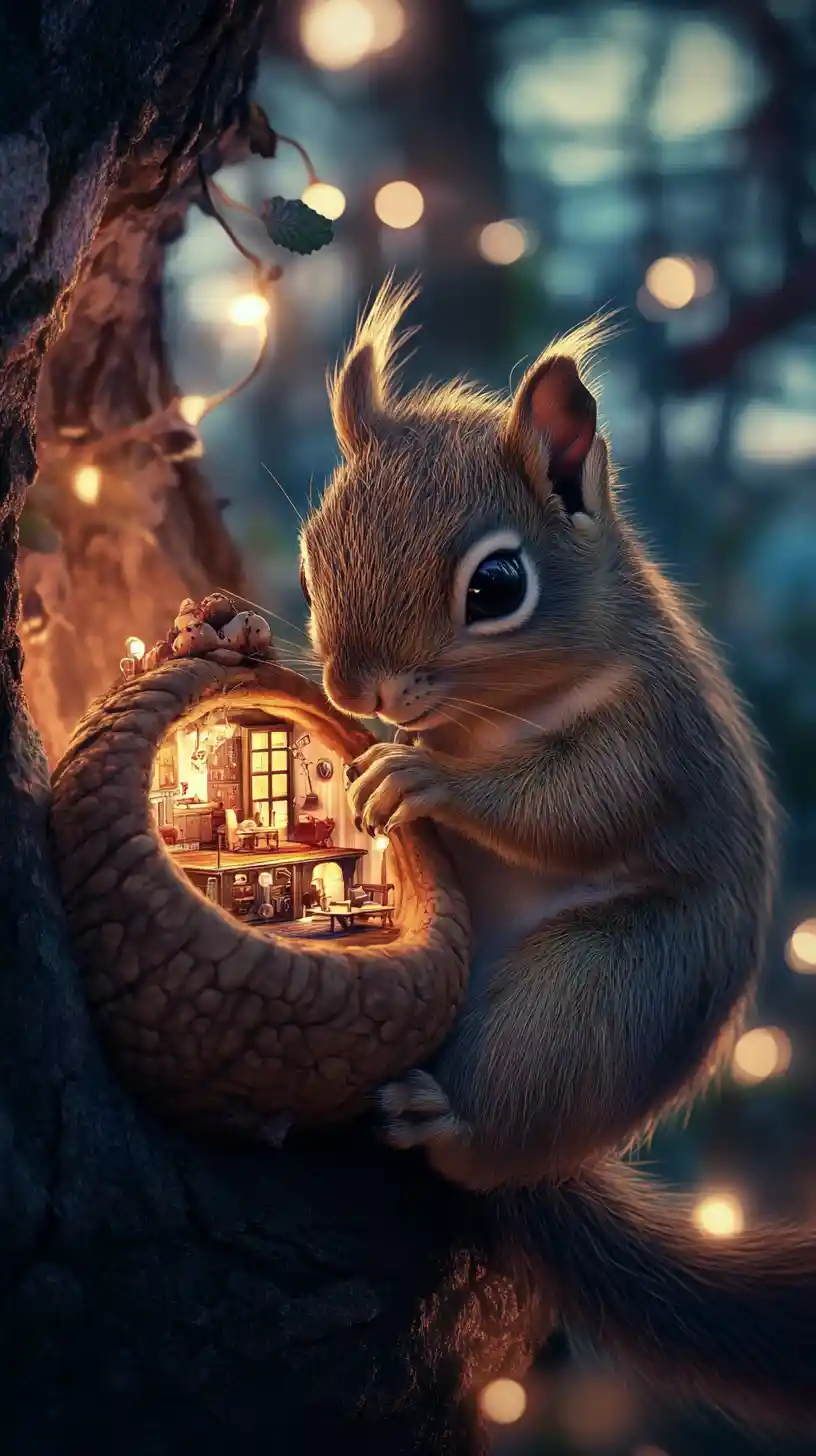 Esquilo curioso com bolota brilhante em ilustração de apartamento