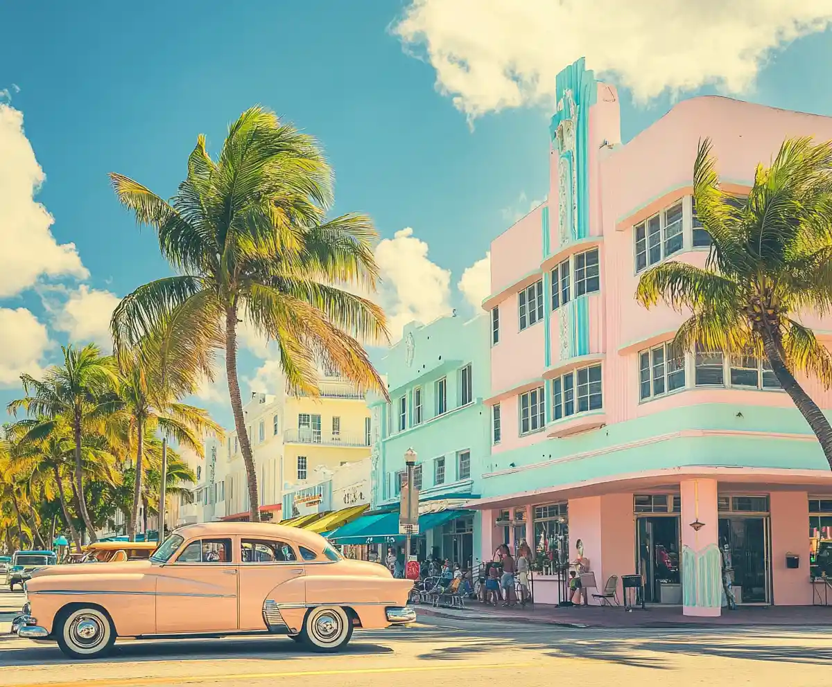 Immeubles Art déco colorés dans une rue de Miami Beach