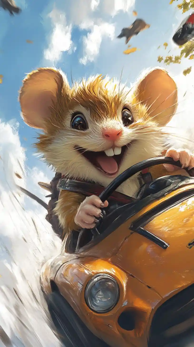 Topolino allegro che corre in una minuscola auto sportiva su una strada aperta