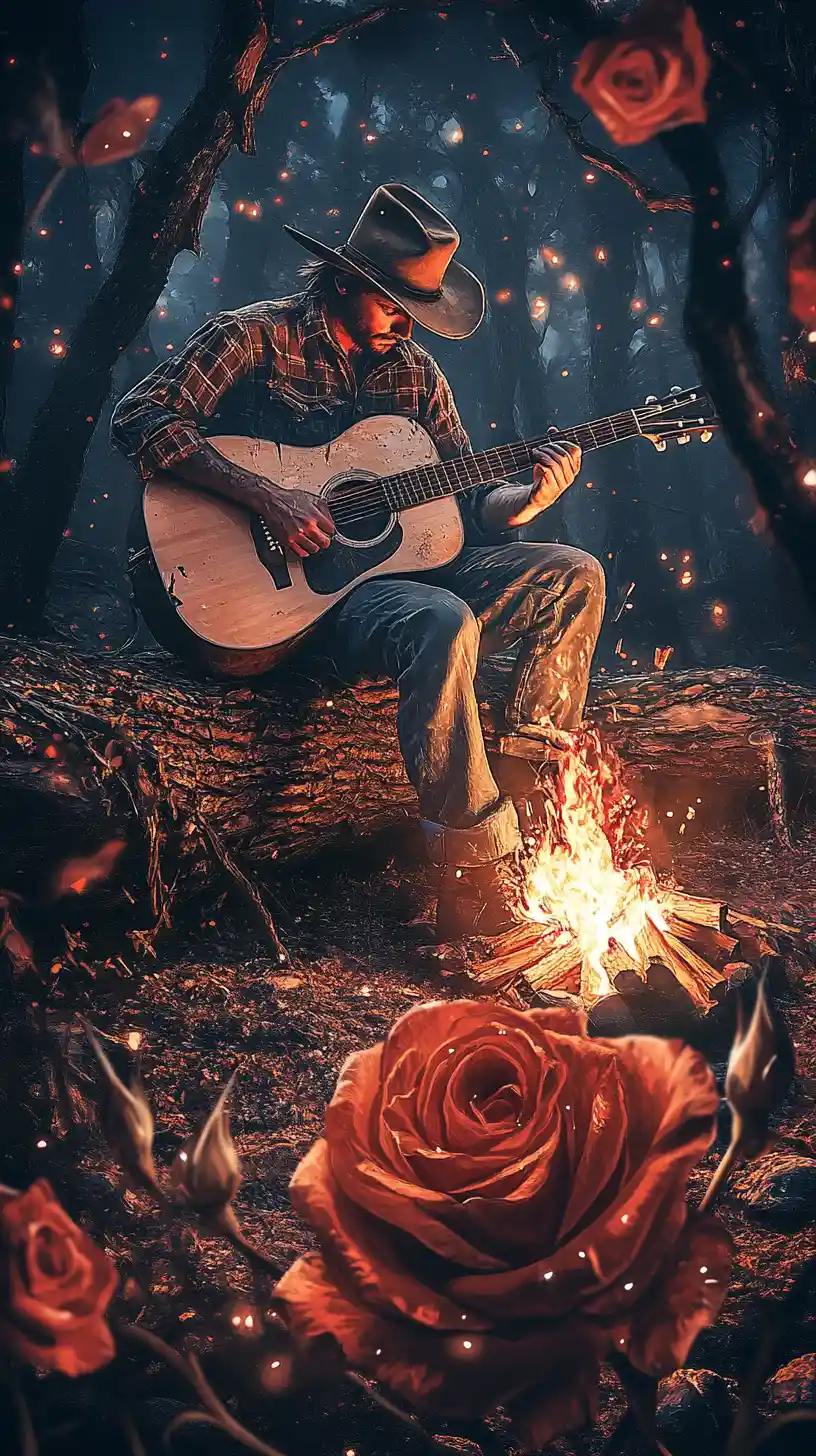 Cowboy che suona la chitarra accanto al falò incorniciato da rosa