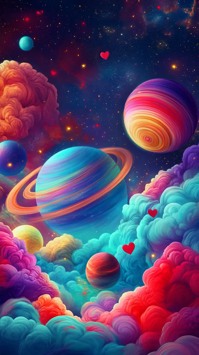 Farbenfrohe kosmische Traumlandschaft mit leuchtenden Planeten und Nebelwolken