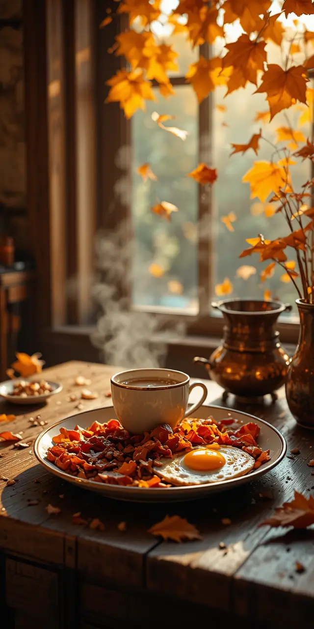 Dampfendes Bacon-und-Ei-Frühstück auf rustikalem Holztisch