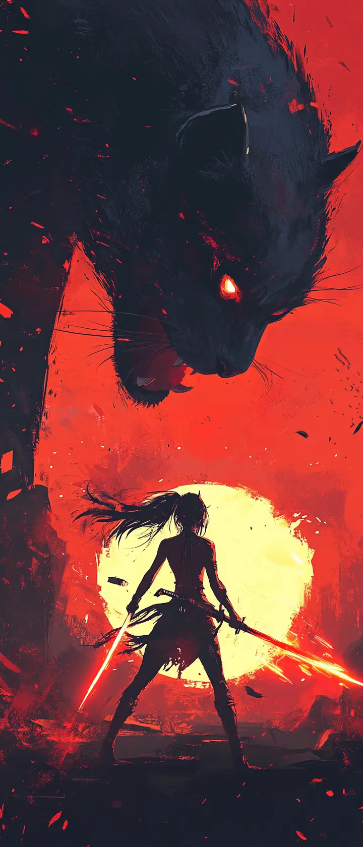Anime warrior woman faces black panther at sunset