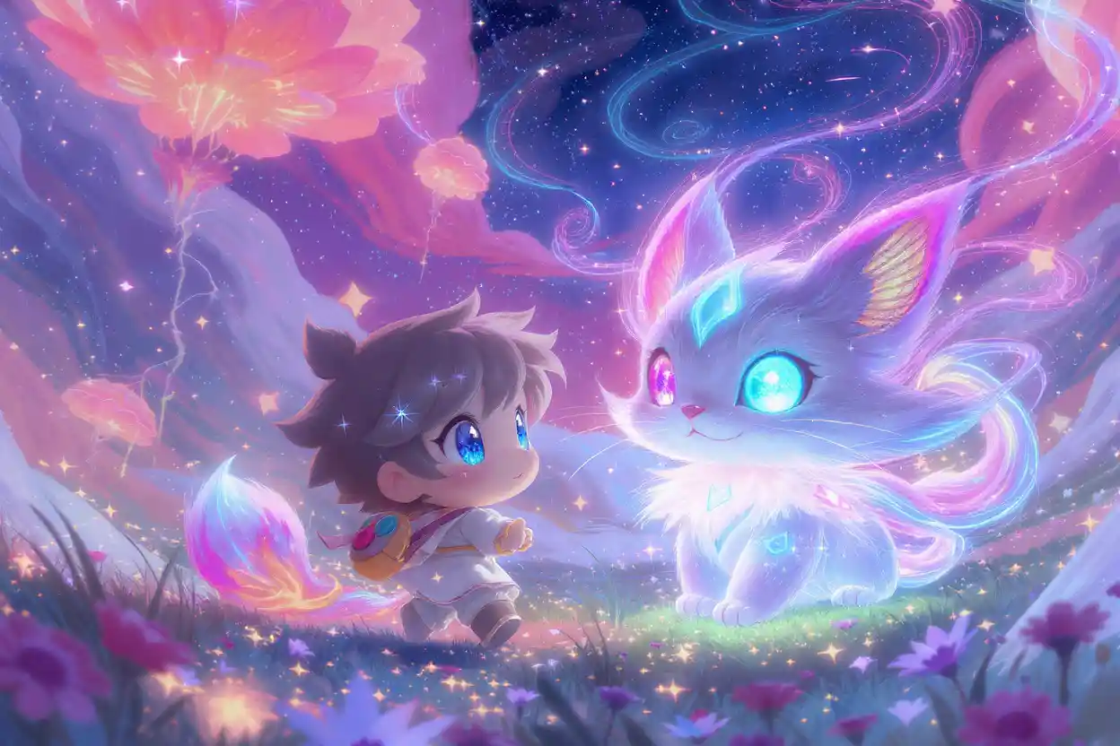 Héros chibi avec renard lumineux dans un monde de fantasy onirique