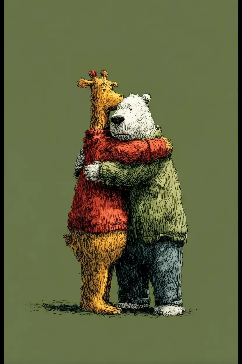 Cartoon-Giraffe und Eisbär umarmen sich vor grünem Hintergrund