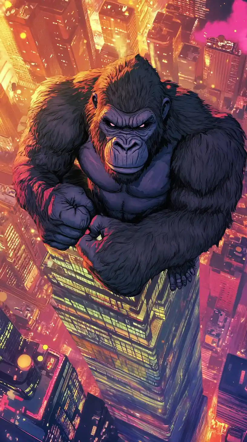 Riesiger Affe auf dem Empire State Building bei lebendigem Sonnenuntergang
