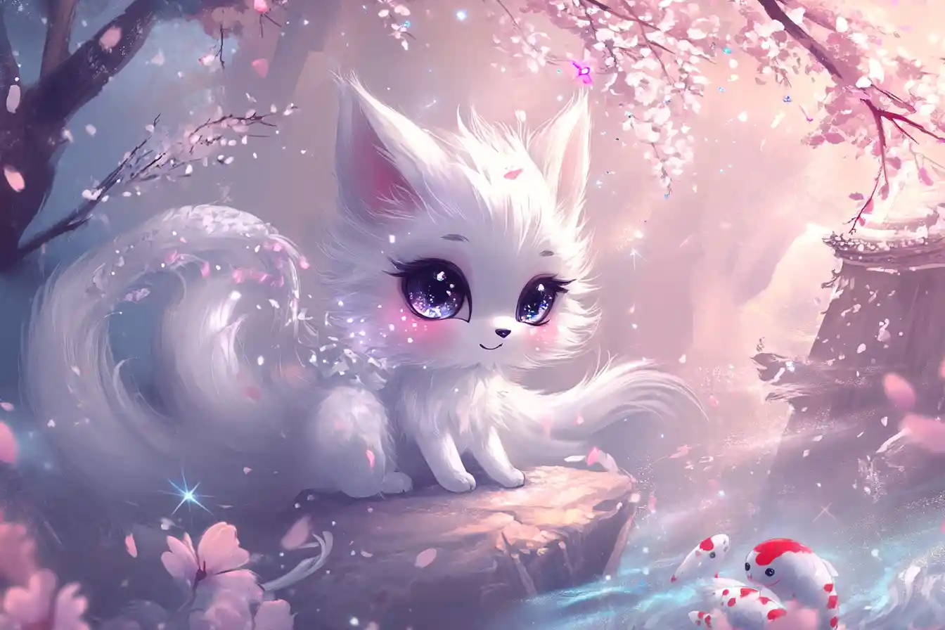 Kitsune chibi a nove code su un ramo di ciliegio luminoso