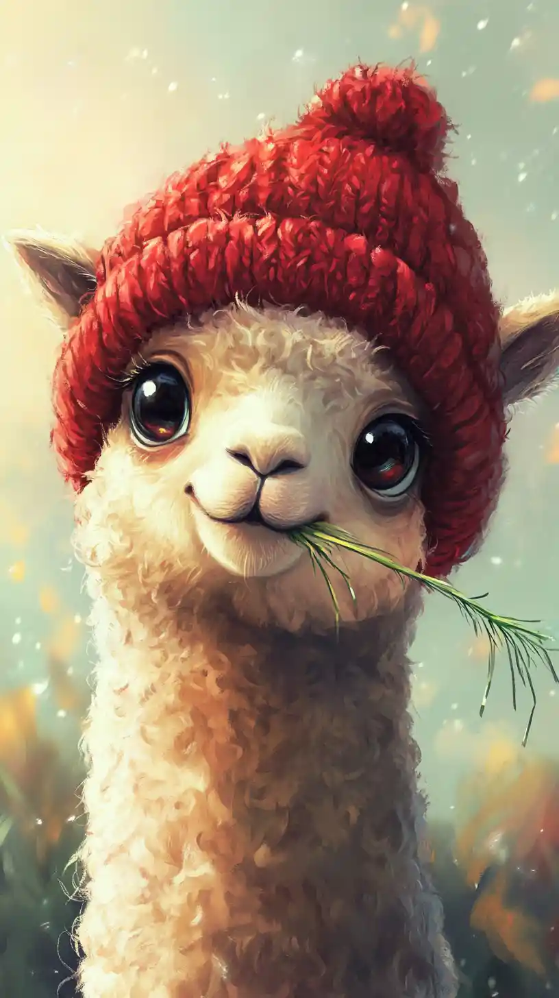 Alpaca in stile anime giocosa con berretto rosso in un prato soffice