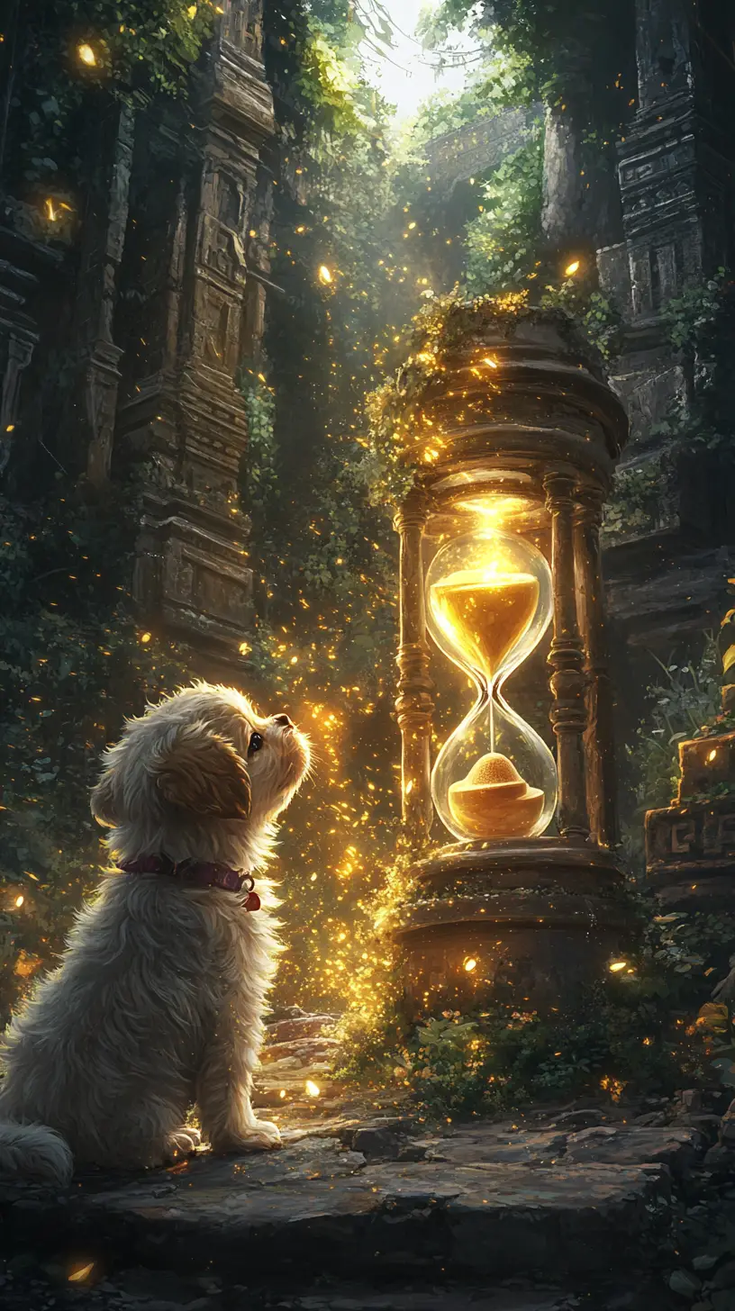 Mutiger Welpe findet magische Sanduhr in uraltem Fantasy-Tempel