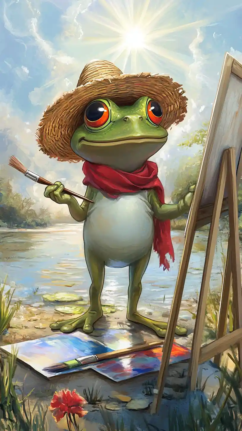 Grenouille de Dessin Animé Joyeuse Peignant sur un Chevalet au Bord du Lac