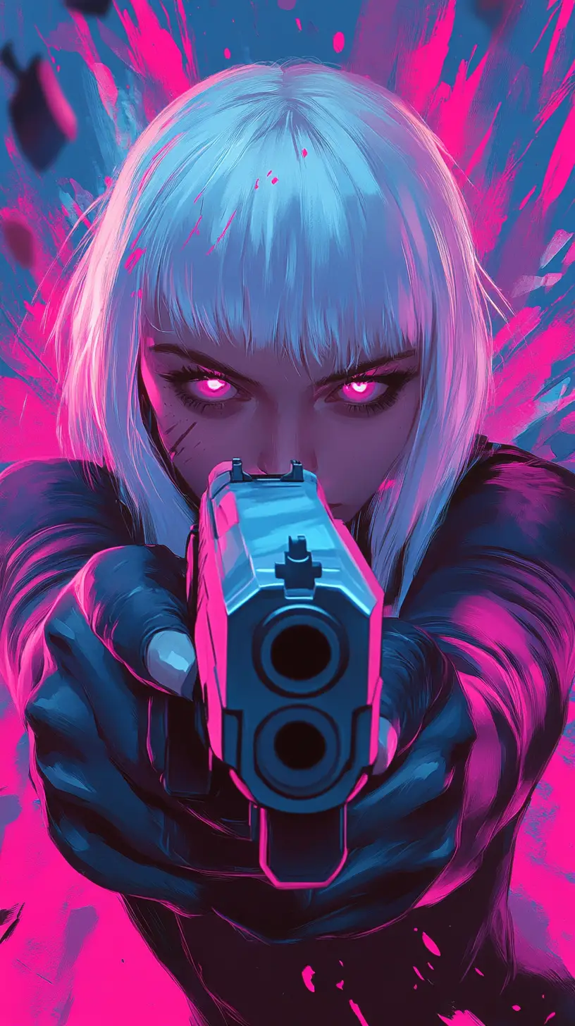 Anime-Mädchen mit gezogener Pistole in Neon – Nahaufnahme Illustration