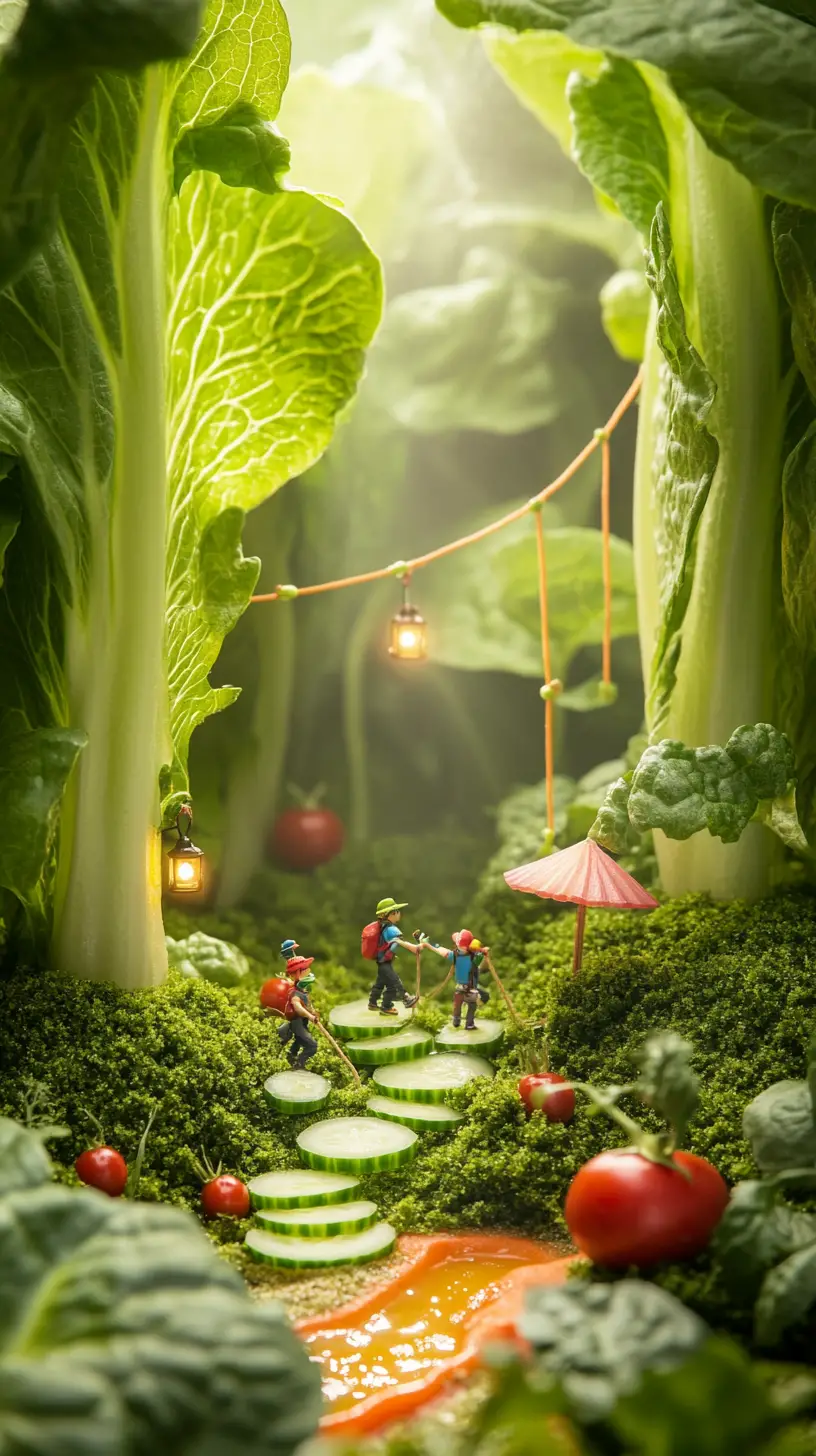 Minuscules explorateurs en randonnée dans une luxuriante jungle de salade