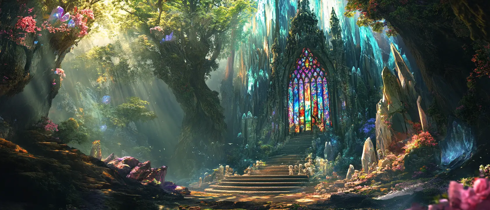 Fantastischer Waldtempel mit Kristall und steinernem Baum
