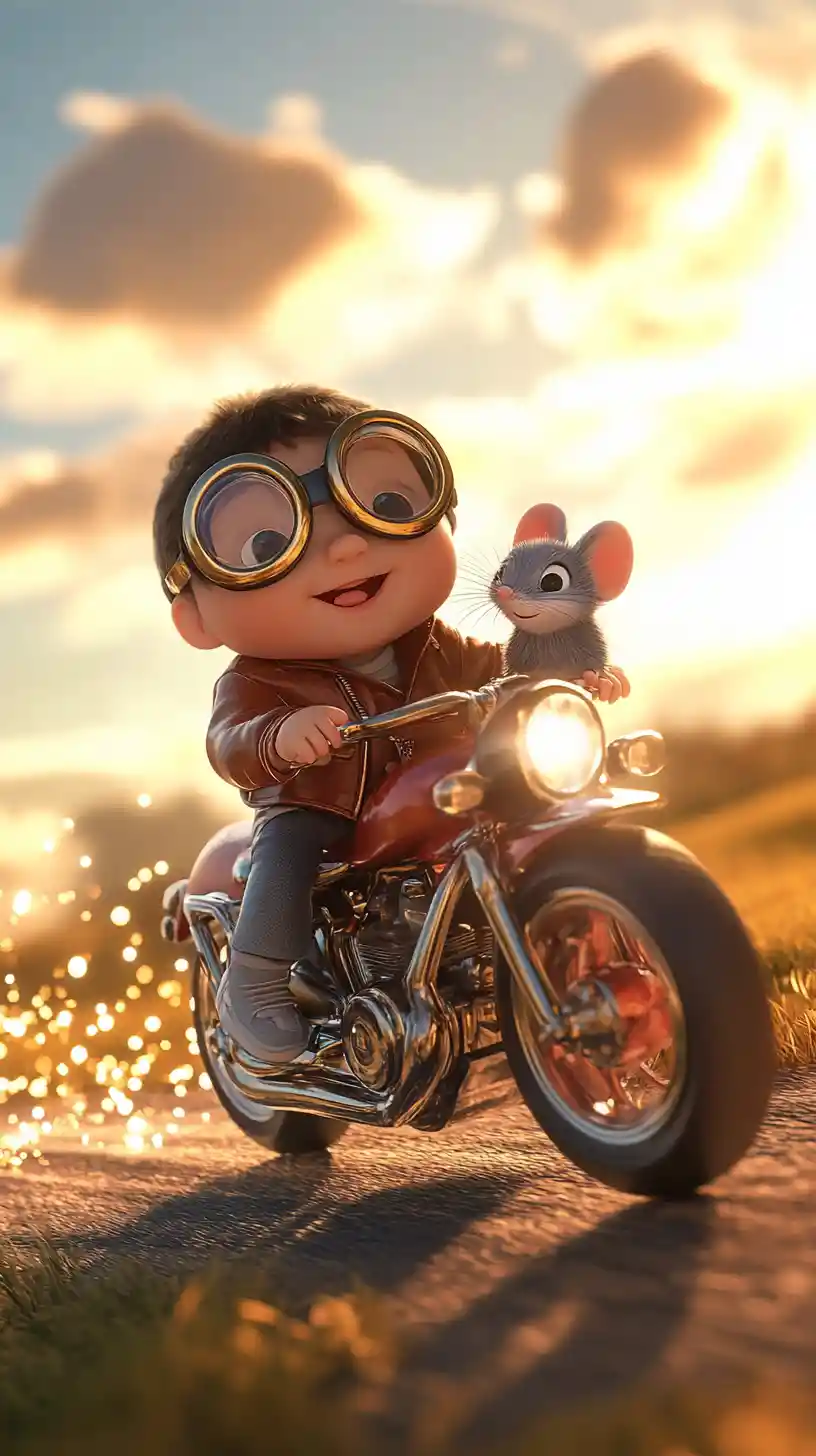 Baby Riding Magical Motorcycle With Mouse At Sunset