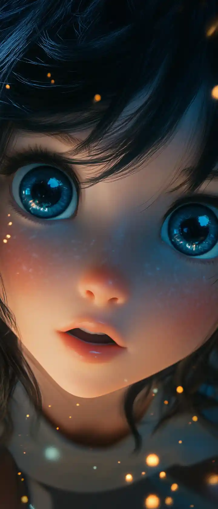 Ragazza anime in primo piano con sguardo desideroso alla luce della luna
