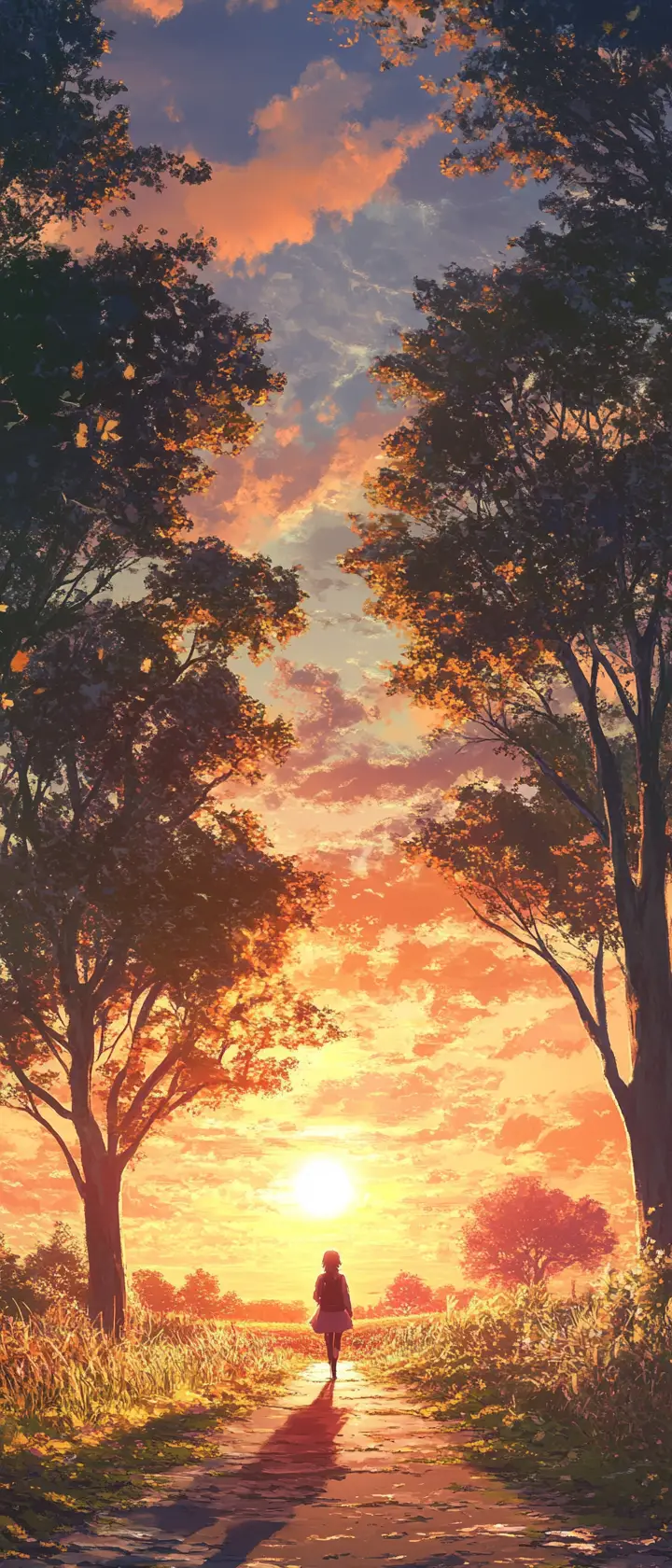 夕陽下獨行旅人走在林蔭鄉間小路上