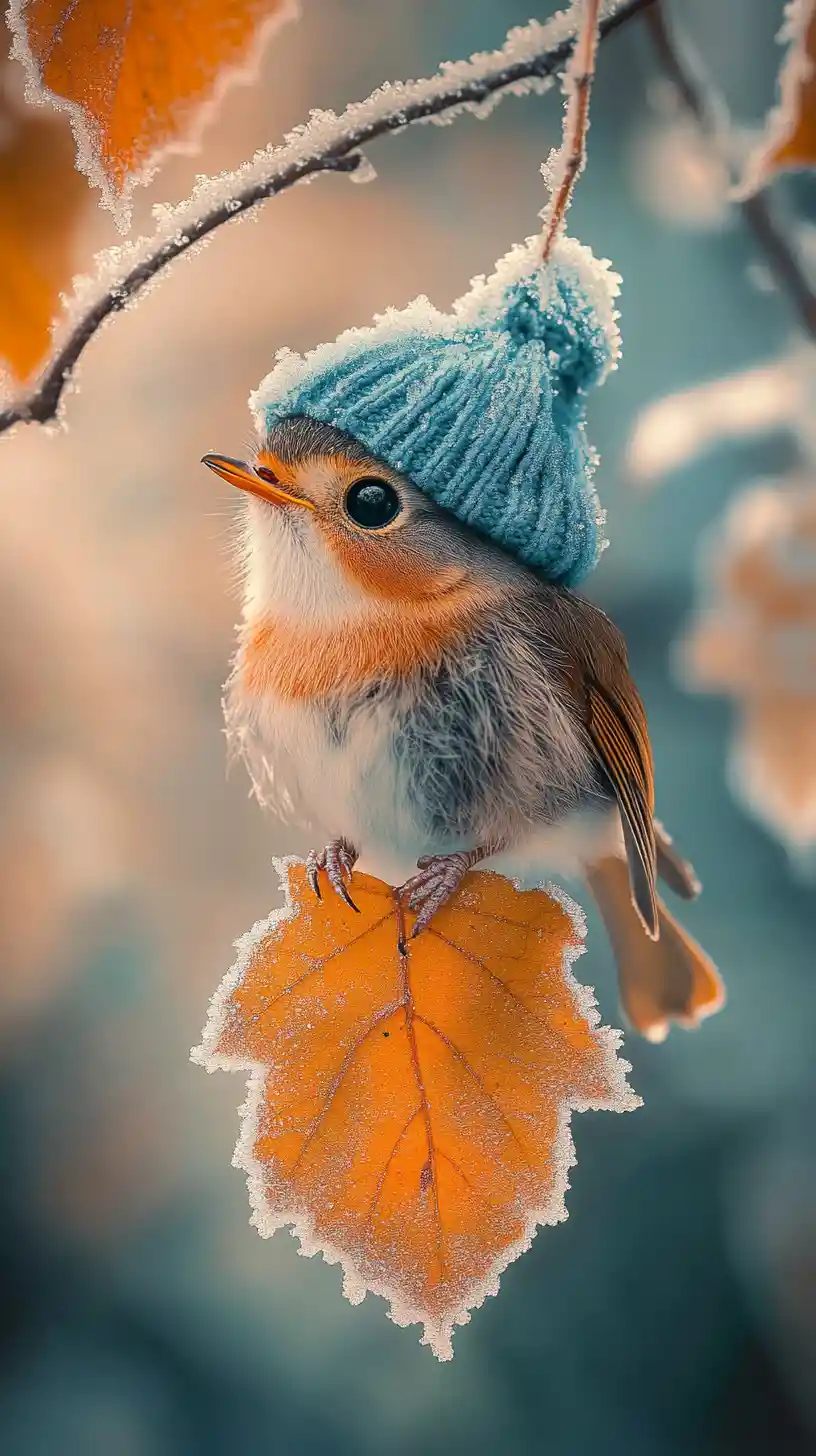 Cute furry robin like creature on autumn leaf in frost