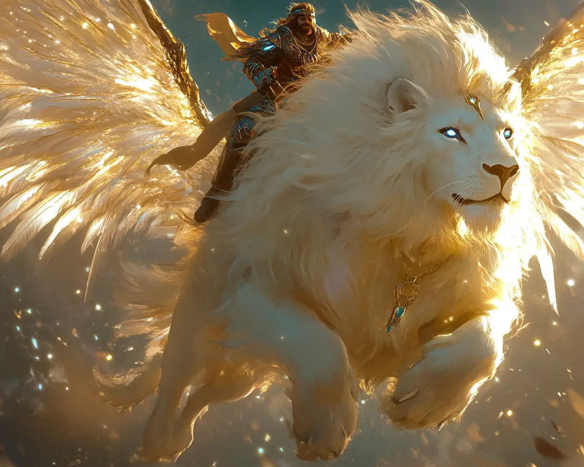 Majestic Winged Lion With Warrior Soaring In The Sky