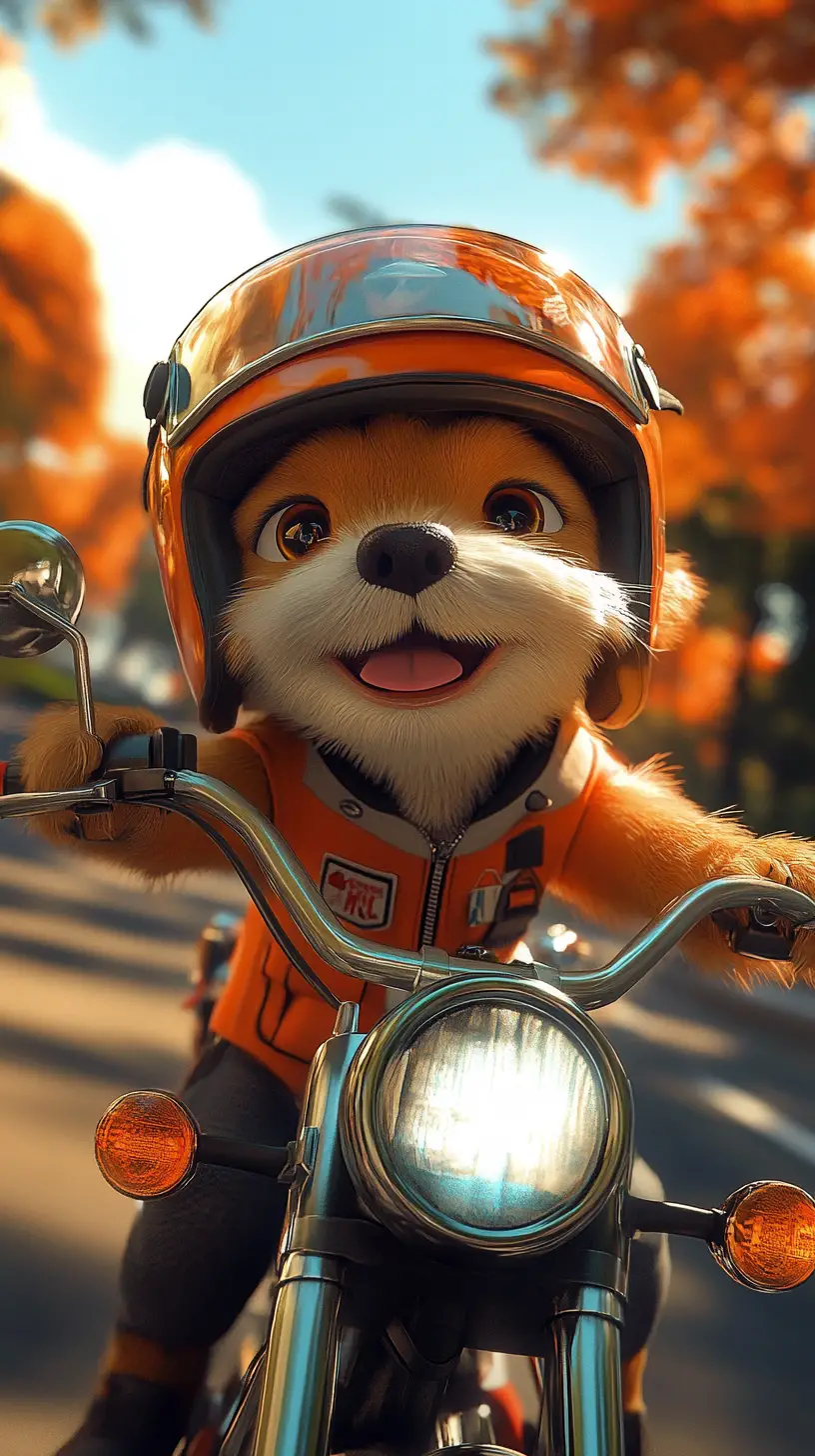 Niedlicher Welpe fährt Motorrad im Pixar-Stil
