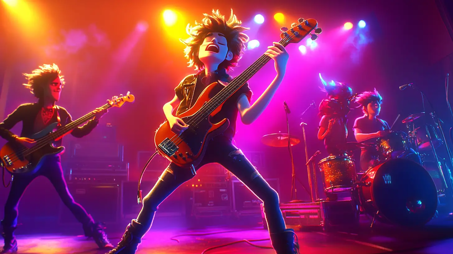 Groupe de rock au style Pixar sur une scène de concert lumineuse