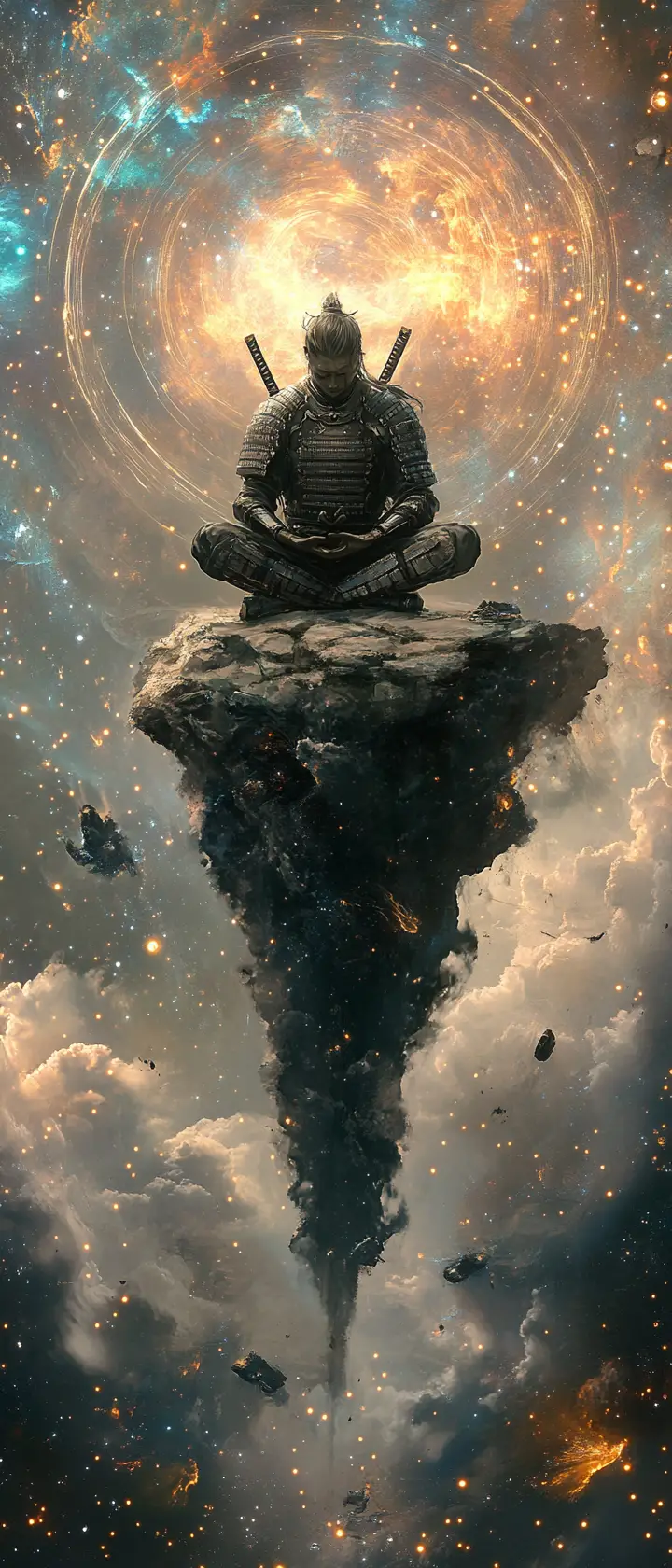 在太空中漂浮島上打坐的武士戰士