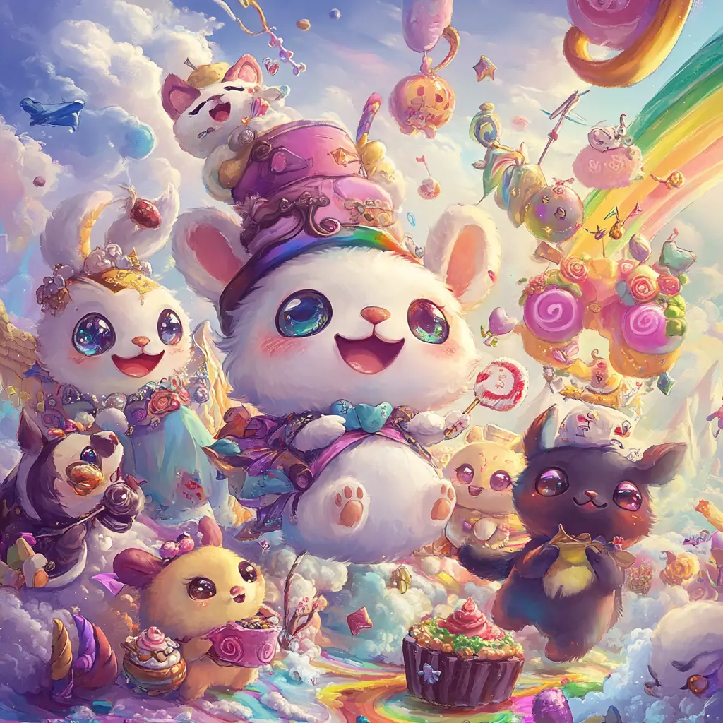 Chat Pirate Chibi dans une Prairie Fantastique de Bonbons Colorés