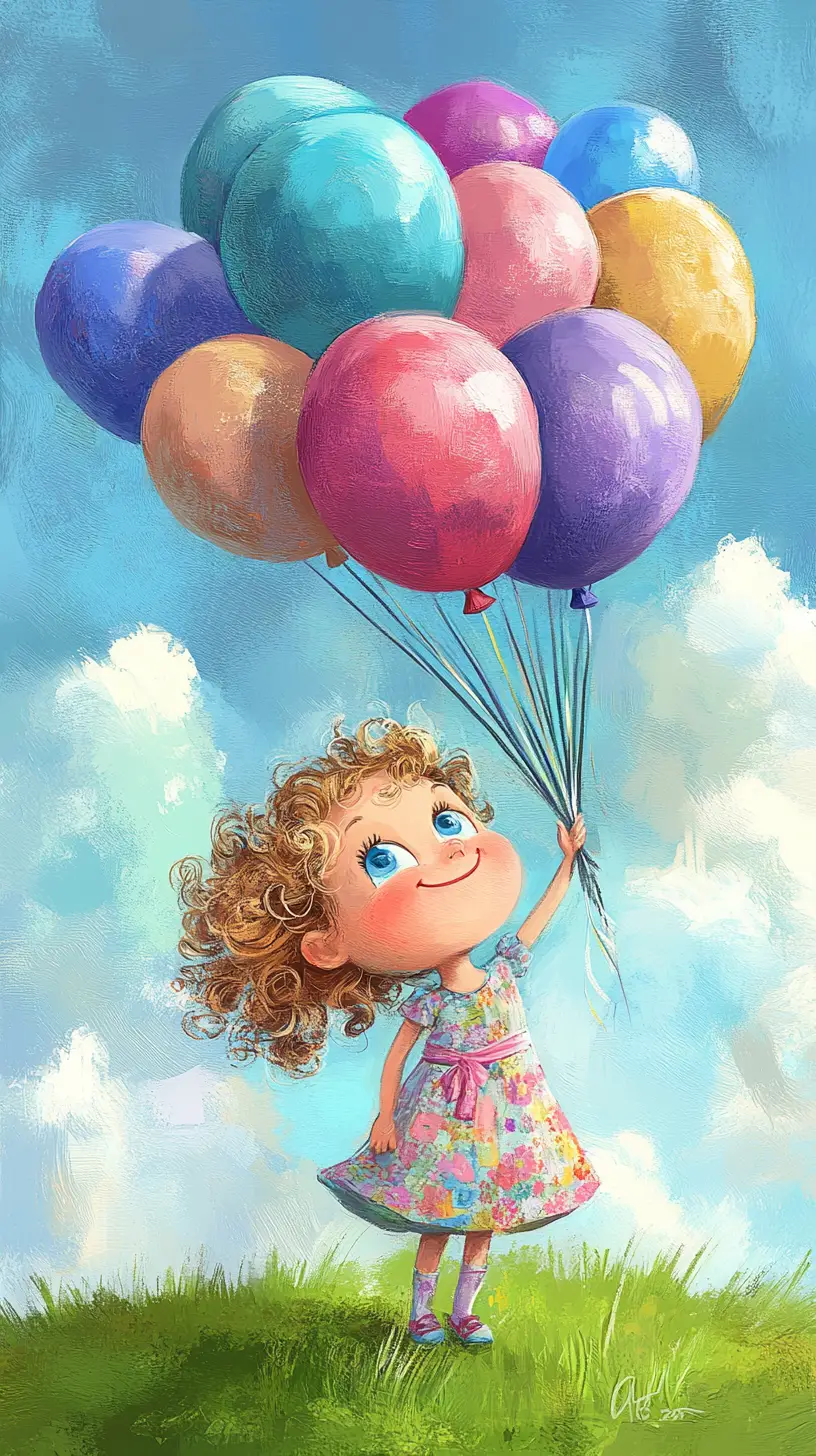 Bambina con palloncini pastello in un prato soleggiato