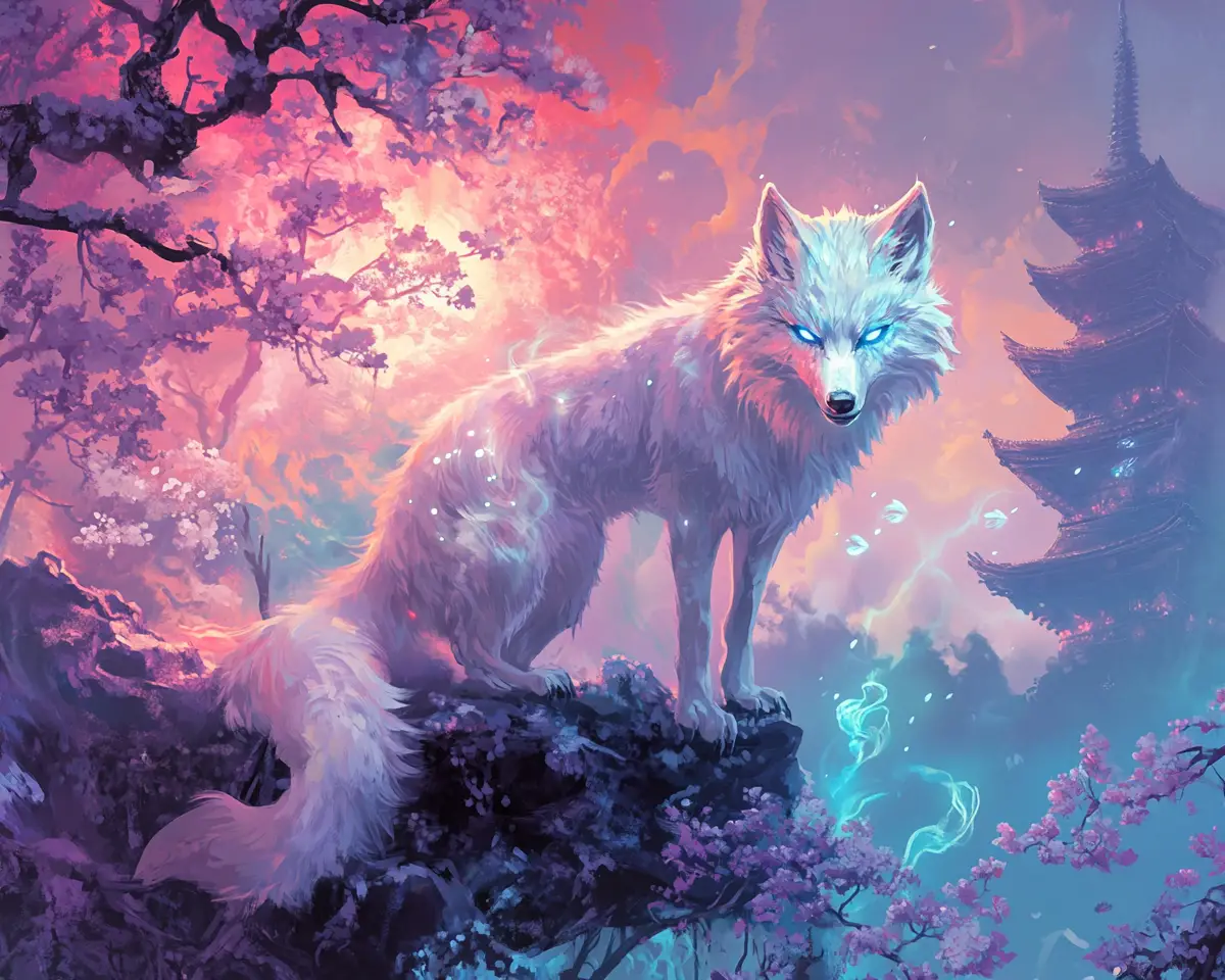 Petit loup intimidant sur une branche de cerisier lumineuse