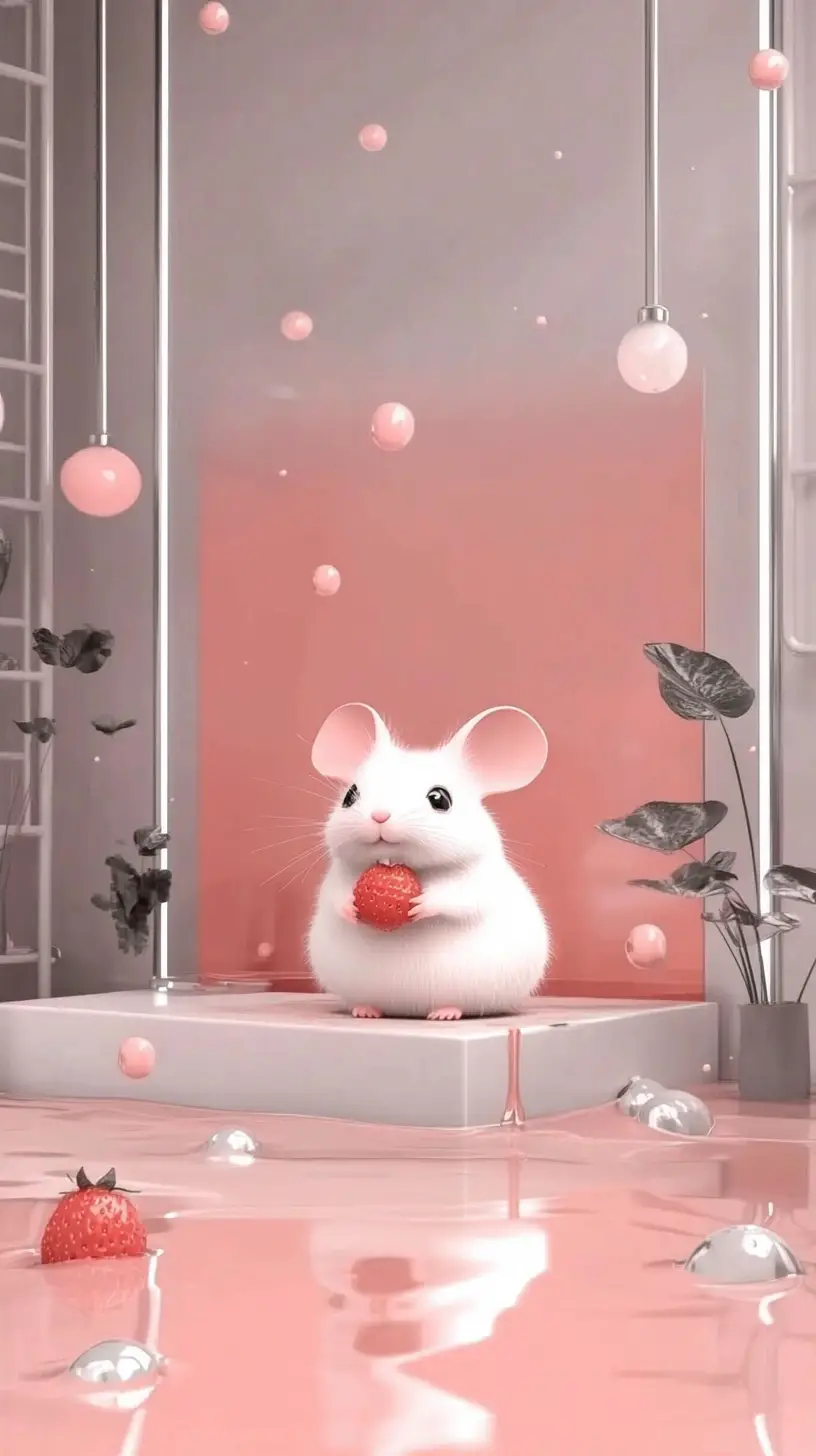 Whimsical strawberry mouse in a magical school world