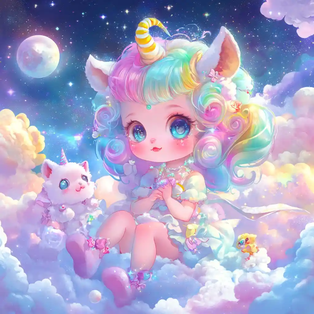 在夢幻糖果色宇宙中漂浮的Q版小精靈