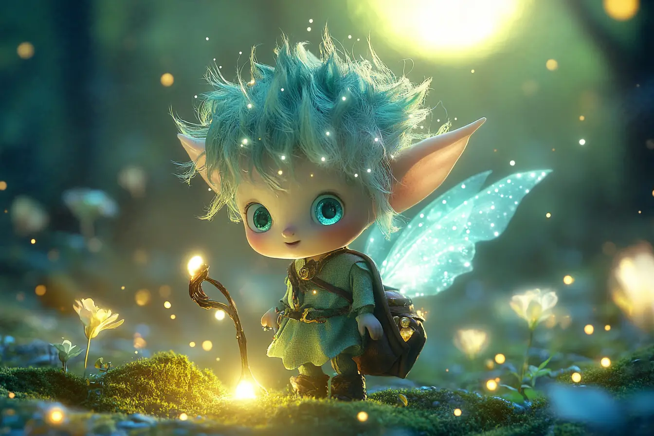 Elfo chibi che corre in una radura di foresta illuminata dalla luna