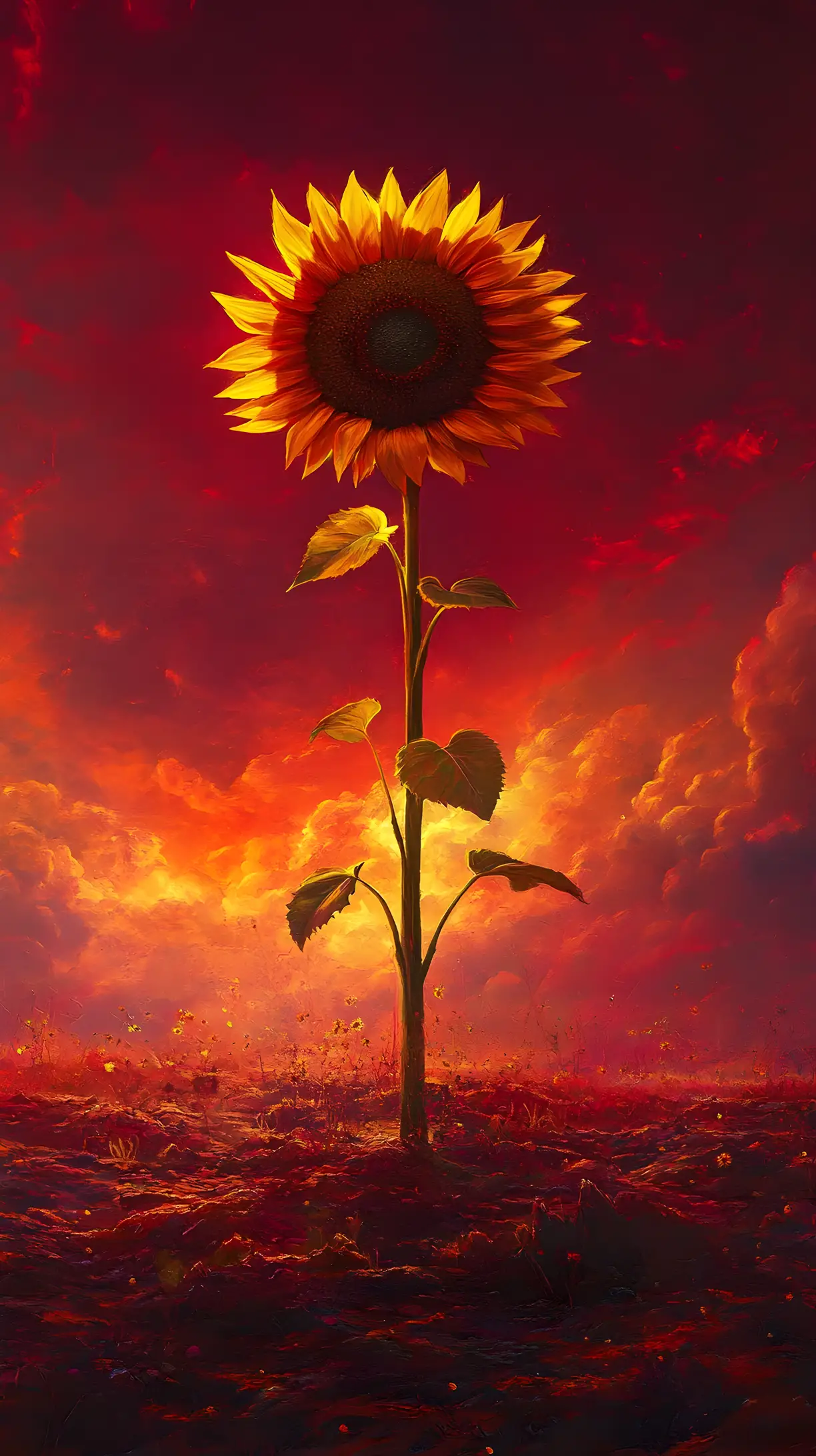 Girasole gigante in un paesaggio di cielo alieno rosso