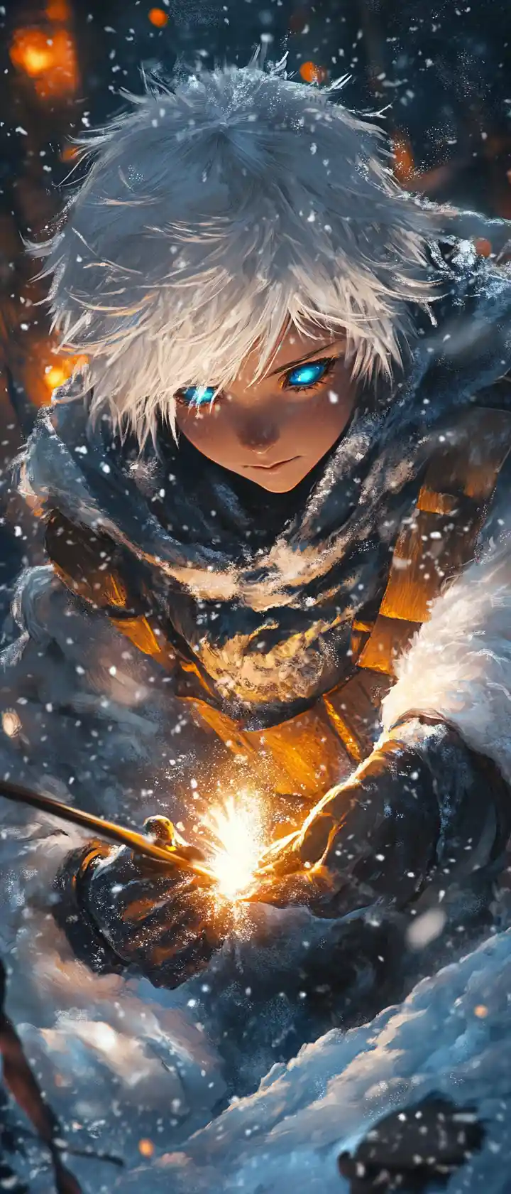 Anime polar bear boy forging a glowing pendant